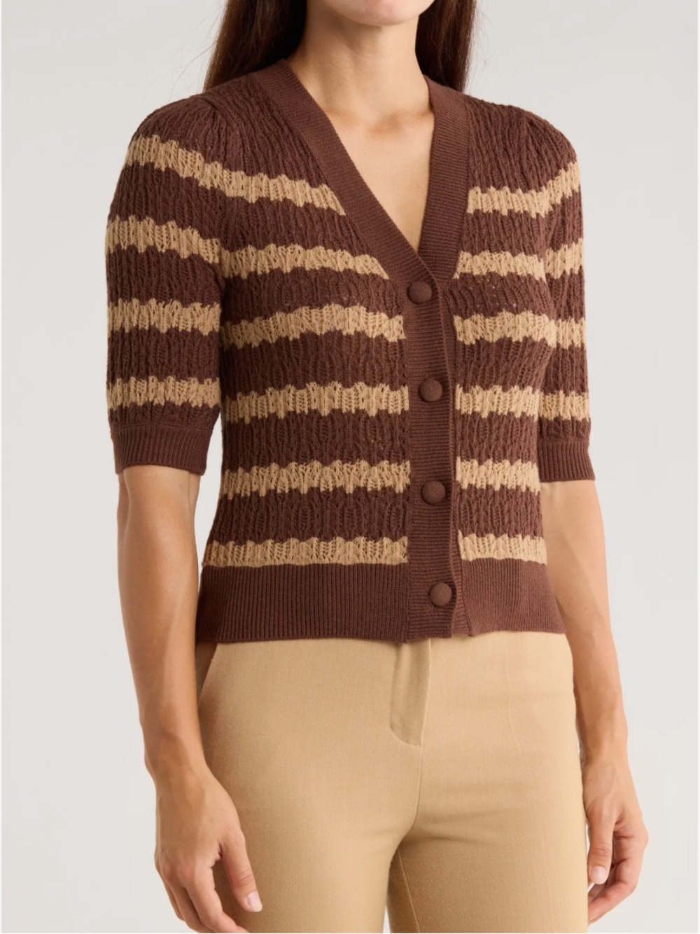 Striped Brown Short-Sleeve Pointelle Cardigan Sweater